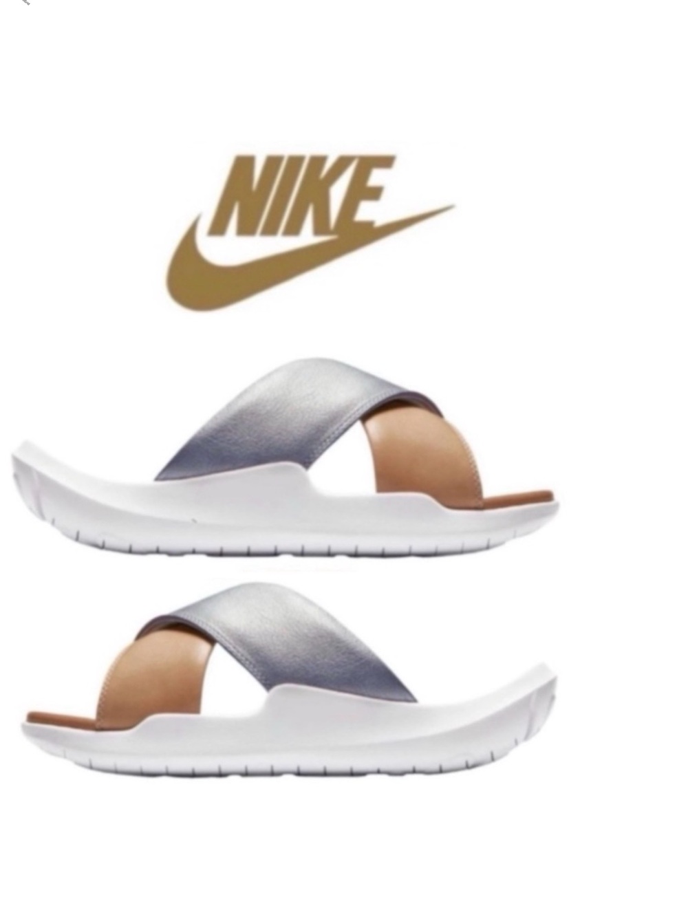 Womans Nike Benassi Future Cross Slide Sandals Metallic Silver Tan‎ Size 6